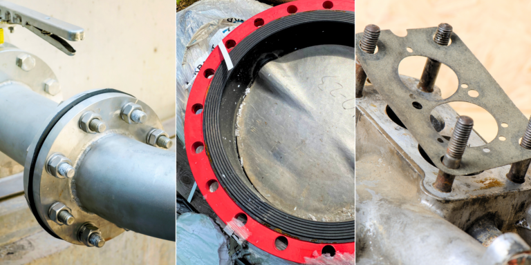 gasket sealing examples: pipe flange joint, large bolted flange gasket, and equipment gasket on studs
