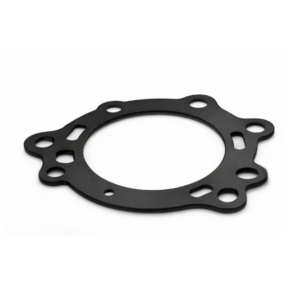 Black custom die-cut rubber gasket with bolt holes and center opening