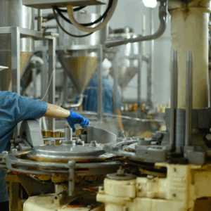 Worker operating industrial food-processing machinery with stainless steel equipment and rotating components.